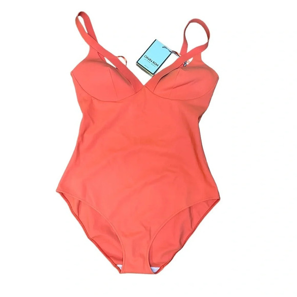 NWT Chiara Boni Myrtle V-Neck One-Piece Swimsuit in Tangerine. Sz: 10 - Picture 2 of 7